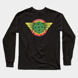 Playing Pickleball is fun. Pickle Ball Tournament Superhero, Worn Style, Retro Design Long Sleeve T-Shirt